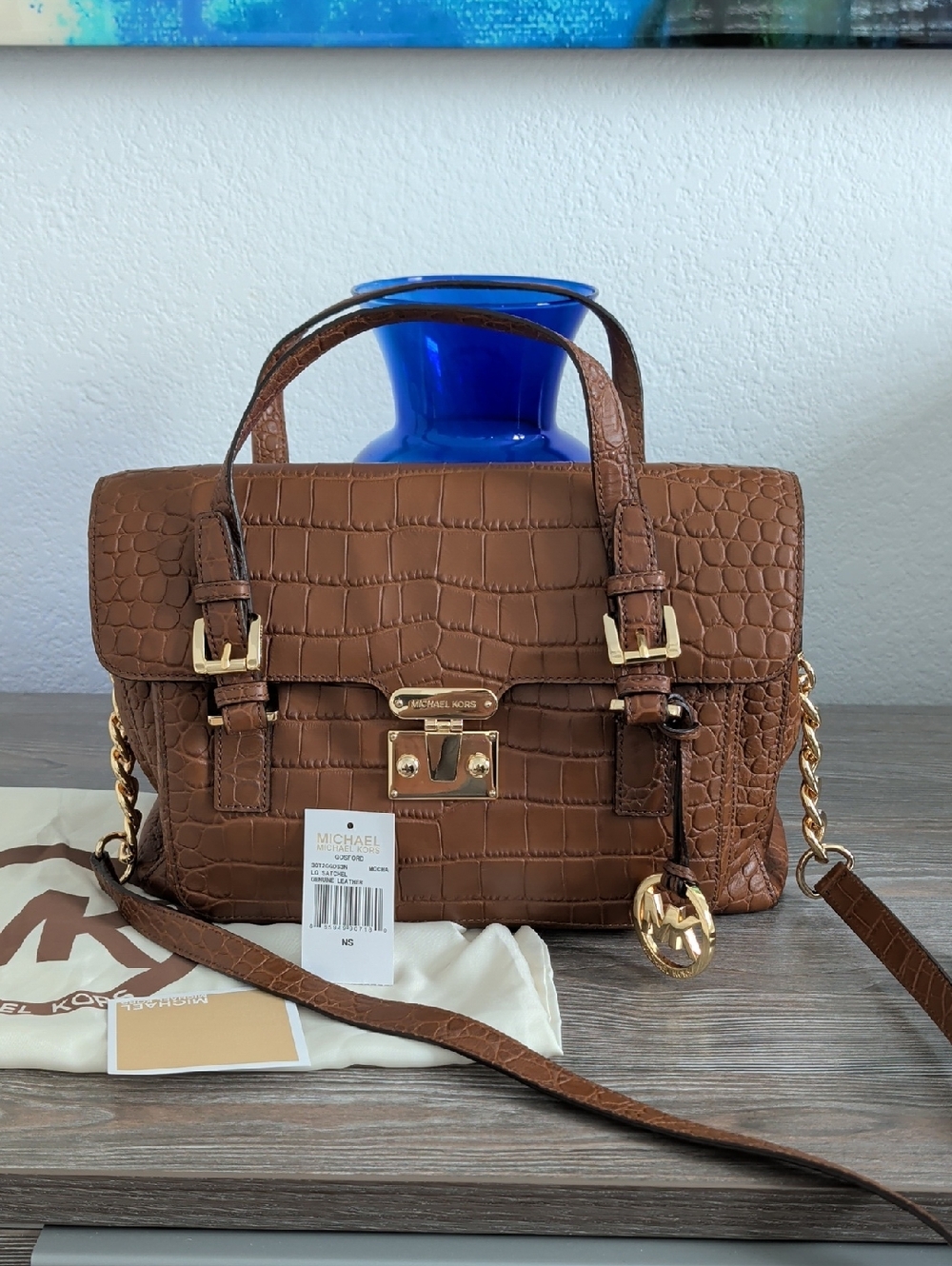 Like New Michael Kors Gosford Leather Satchel Croc Embossed Dual Handle Purse
